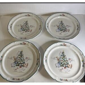 (4) International China Stoneware 11" Dinner Plates Country Christmas Pattern